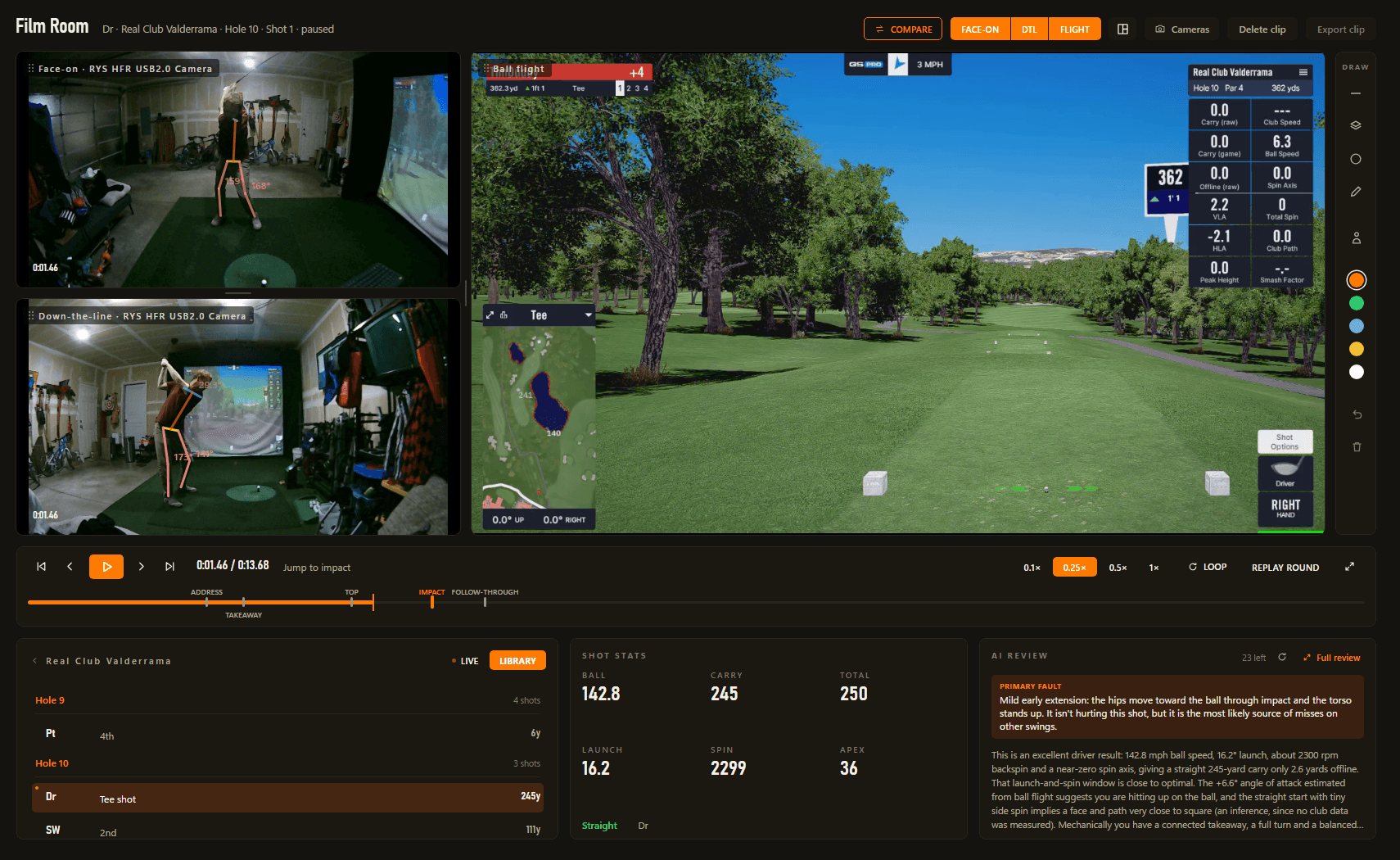Film Room: two synced camera angles with the skeleton overlay beside the GSPro ball flight, the swing timeline, shot stats and an AI review.