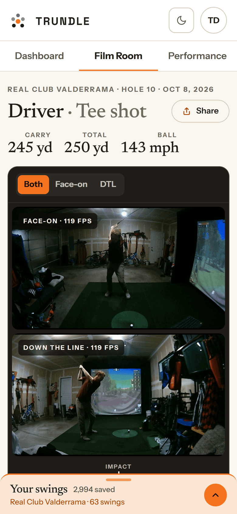 Film Room on a phone: face-on and down-the-line angles stacked, with the scrubber and the swing library.