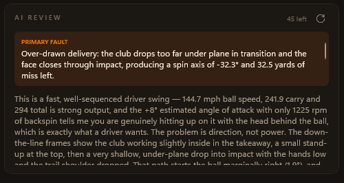Close crop of the AI review panel: a named primary fault — an over-drawn delivery — followed by a written assessment citing the shot's ball speed, carry and spin.