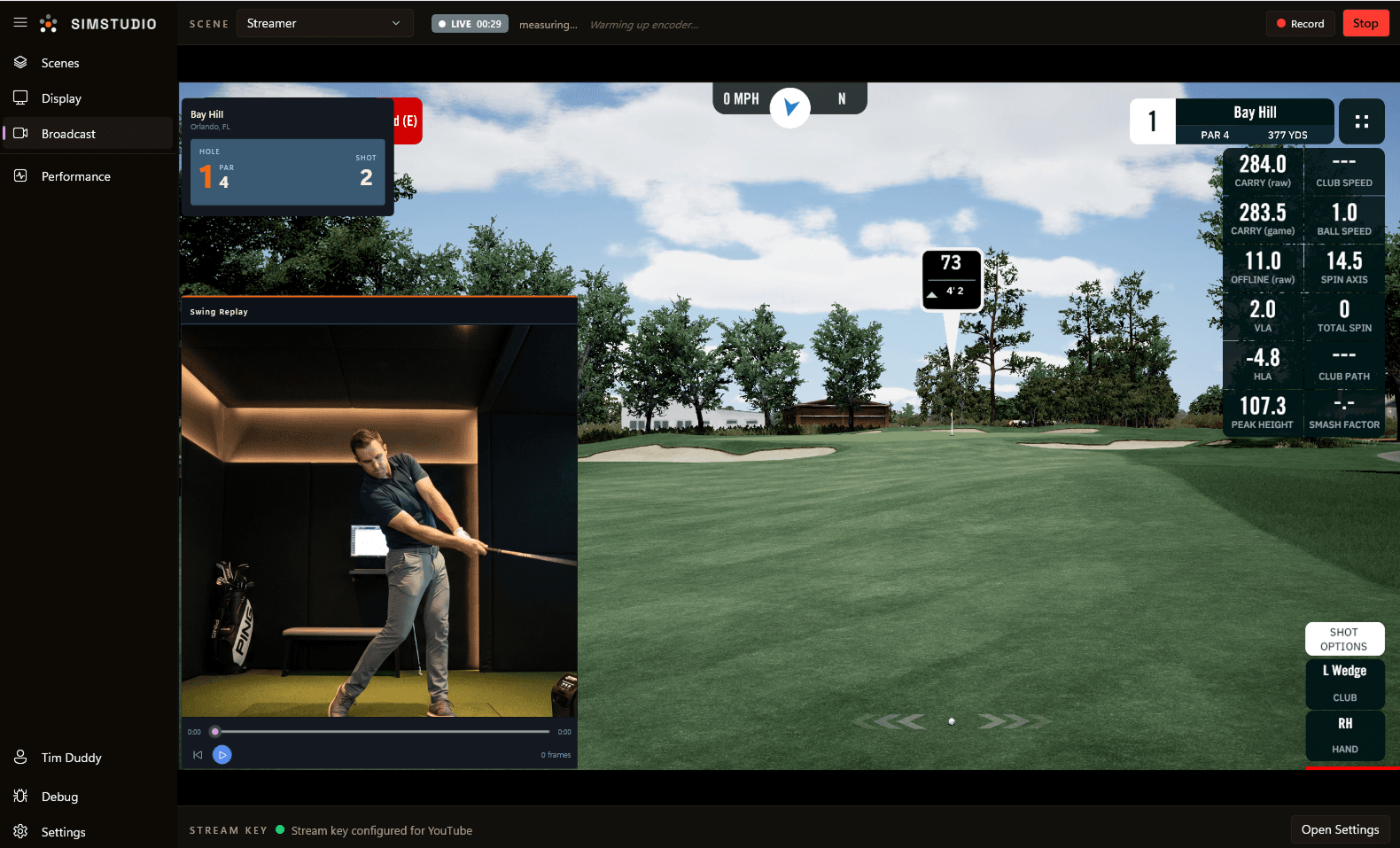 Trundle compositing a live GSPro broadcast with camera and real-time shot data overlay